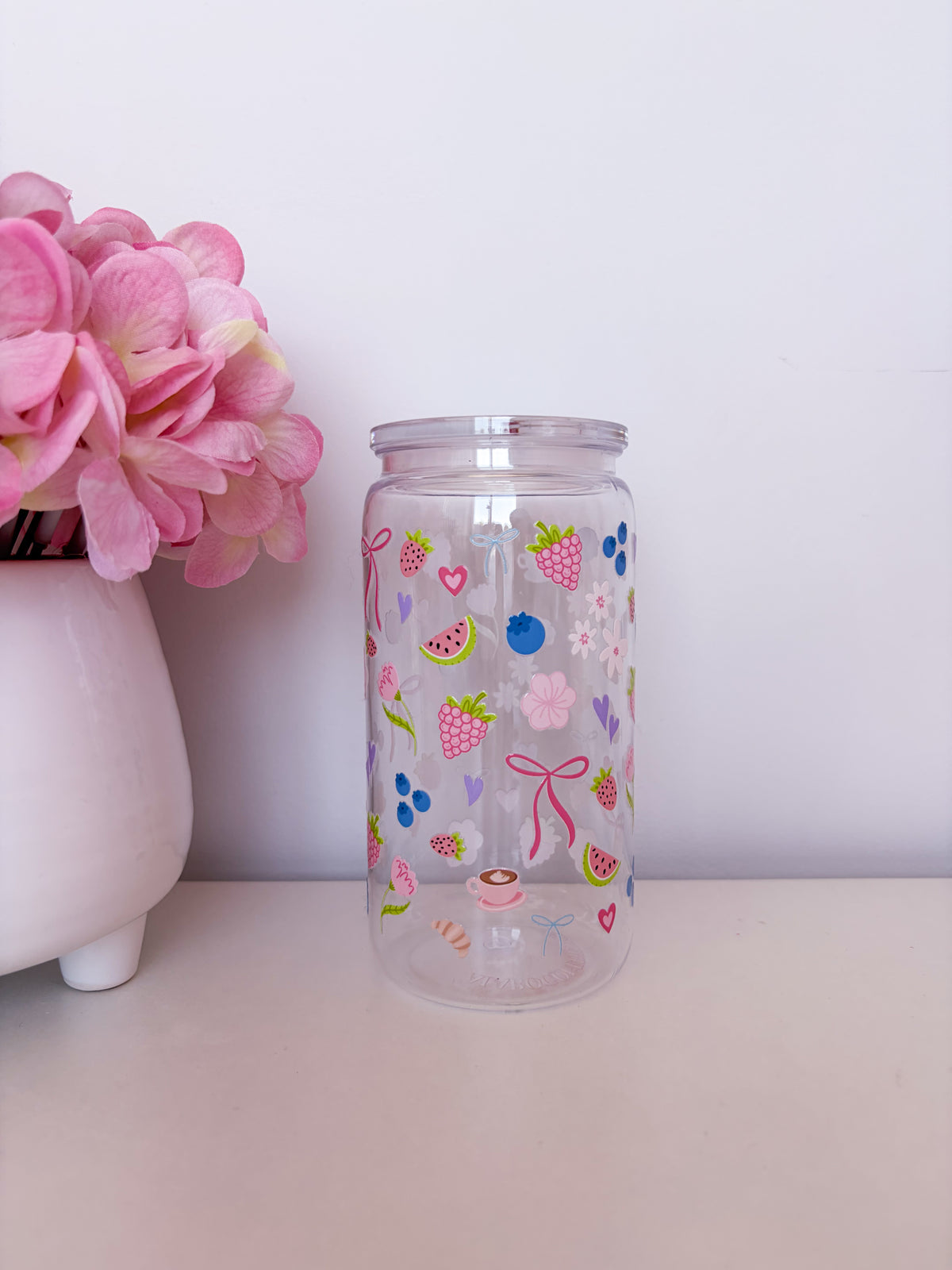 Verre 16 oz | Plastique | Transparent | Fruits et coquette