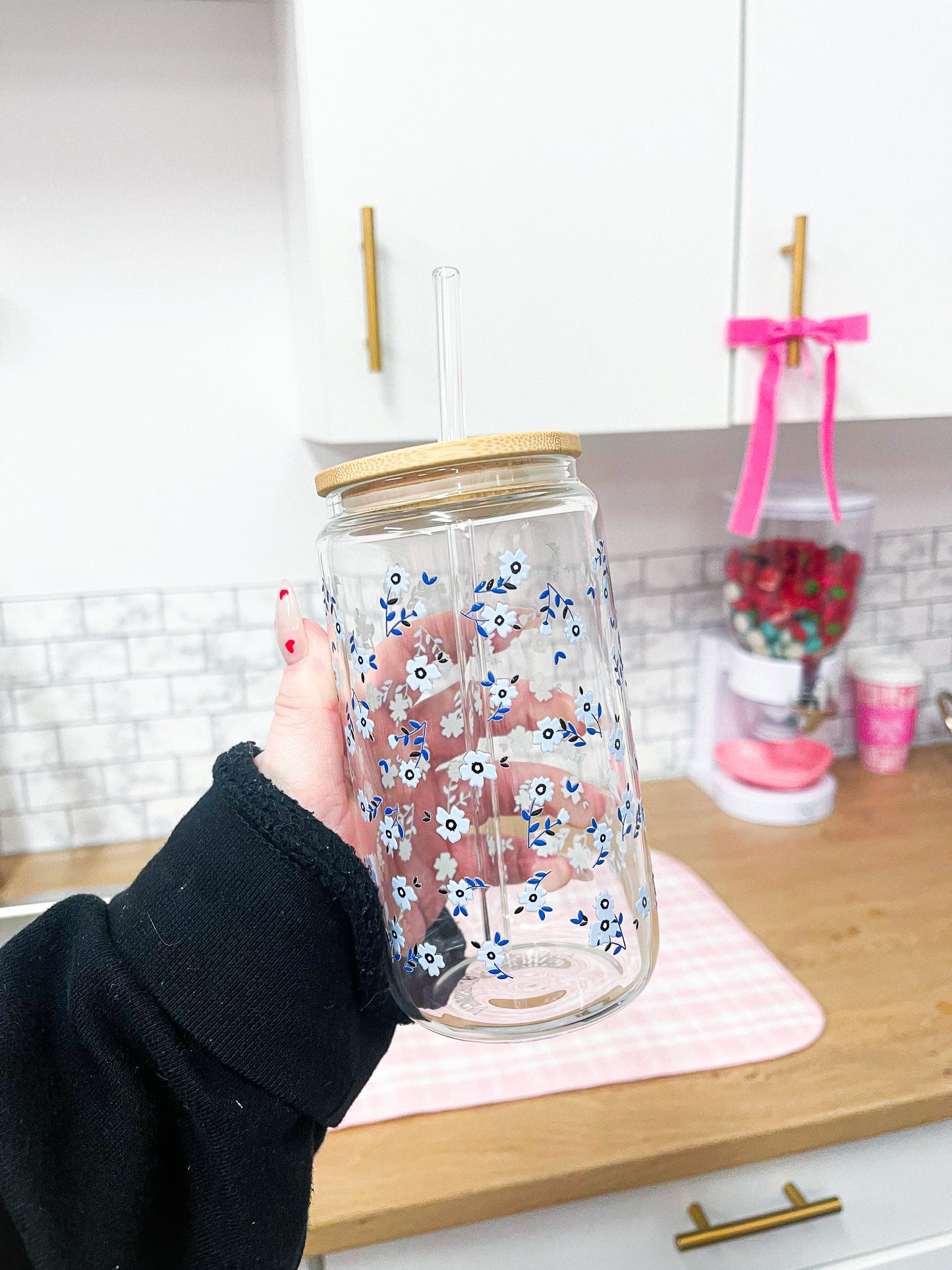 Verre 16 oz | Fleurs mélange de bleus