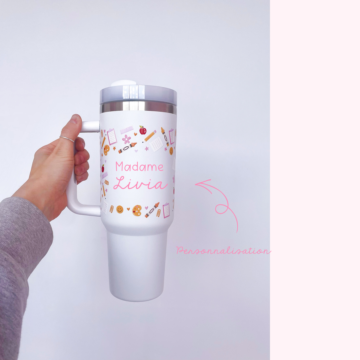 Bouteille à poignée 40 oz | Blanche | Écolier sourire | Personnalisation