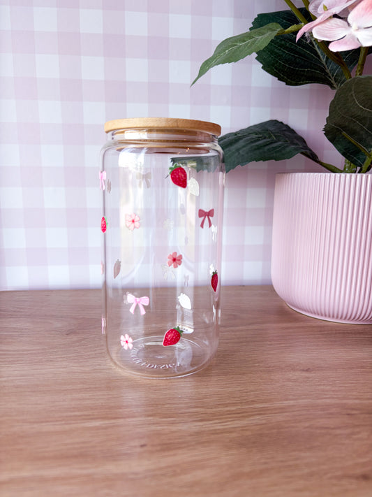 Verre 16 oz | Fraises, boucles et fleurs