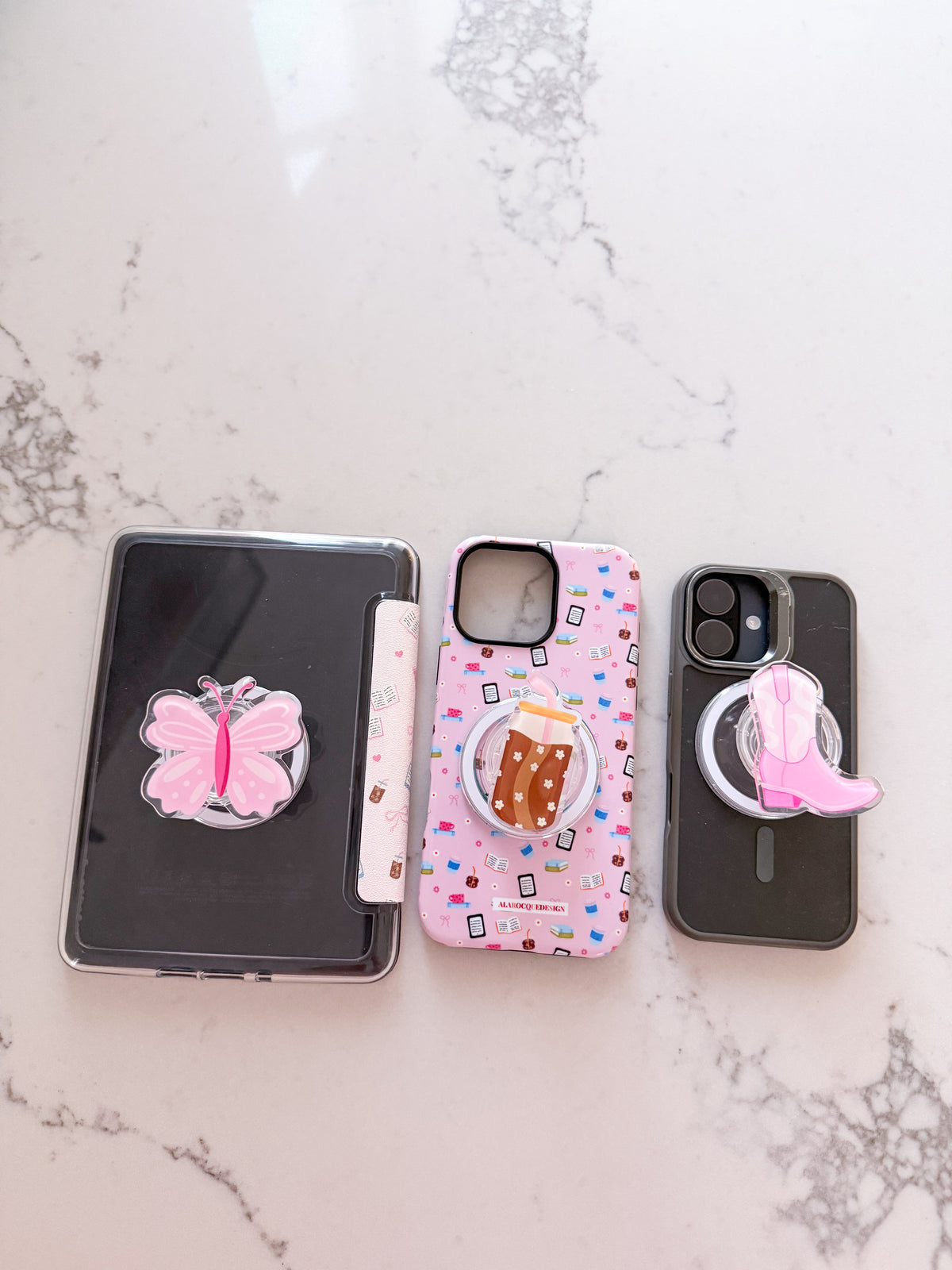 Bouton à téléphone ou liseuse | Magnétique | Papillon, café glacé, botte cowgirl