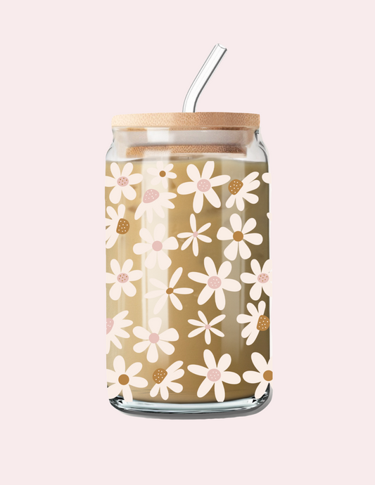 Verre 16 oz  | Fleurs beiges et brunes