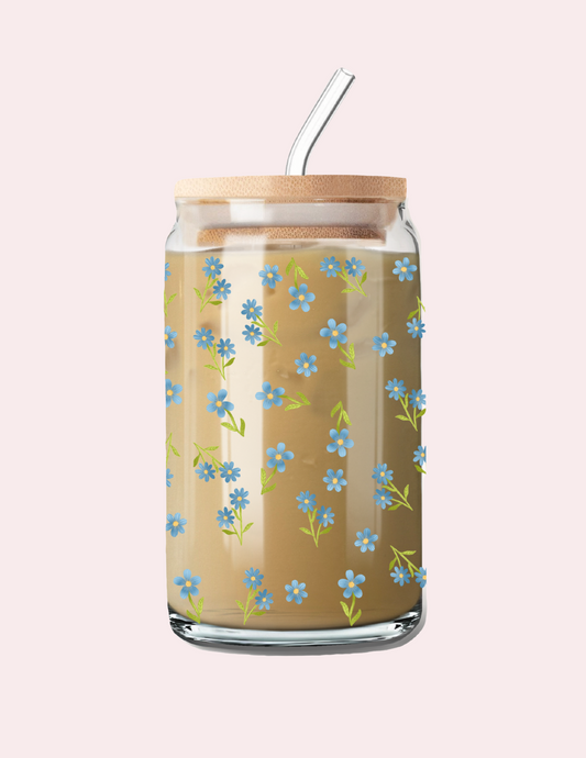 Verre 16 oz | Fleurs bleues vintages