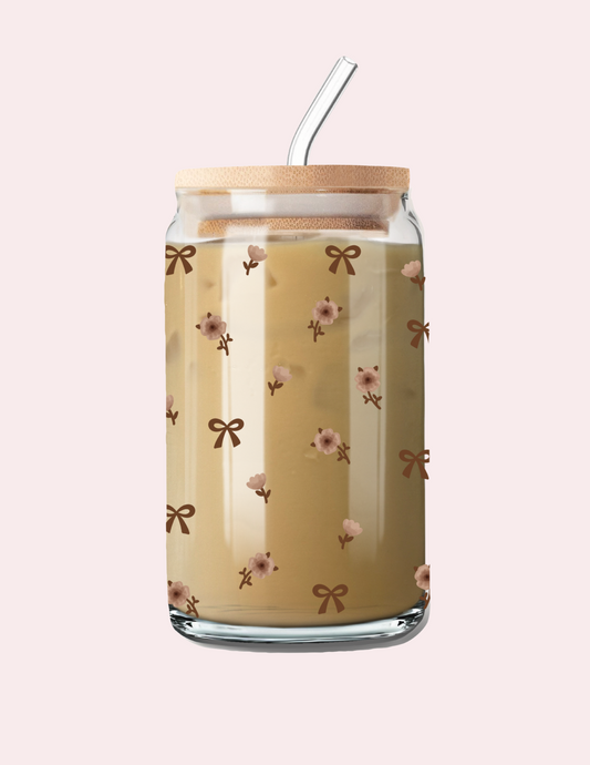 Verre 16 oz | Fleurs et boucles brunes