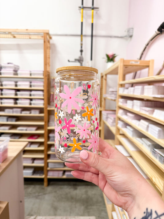 Verre 16 oz | Fleurs rosées et orangées