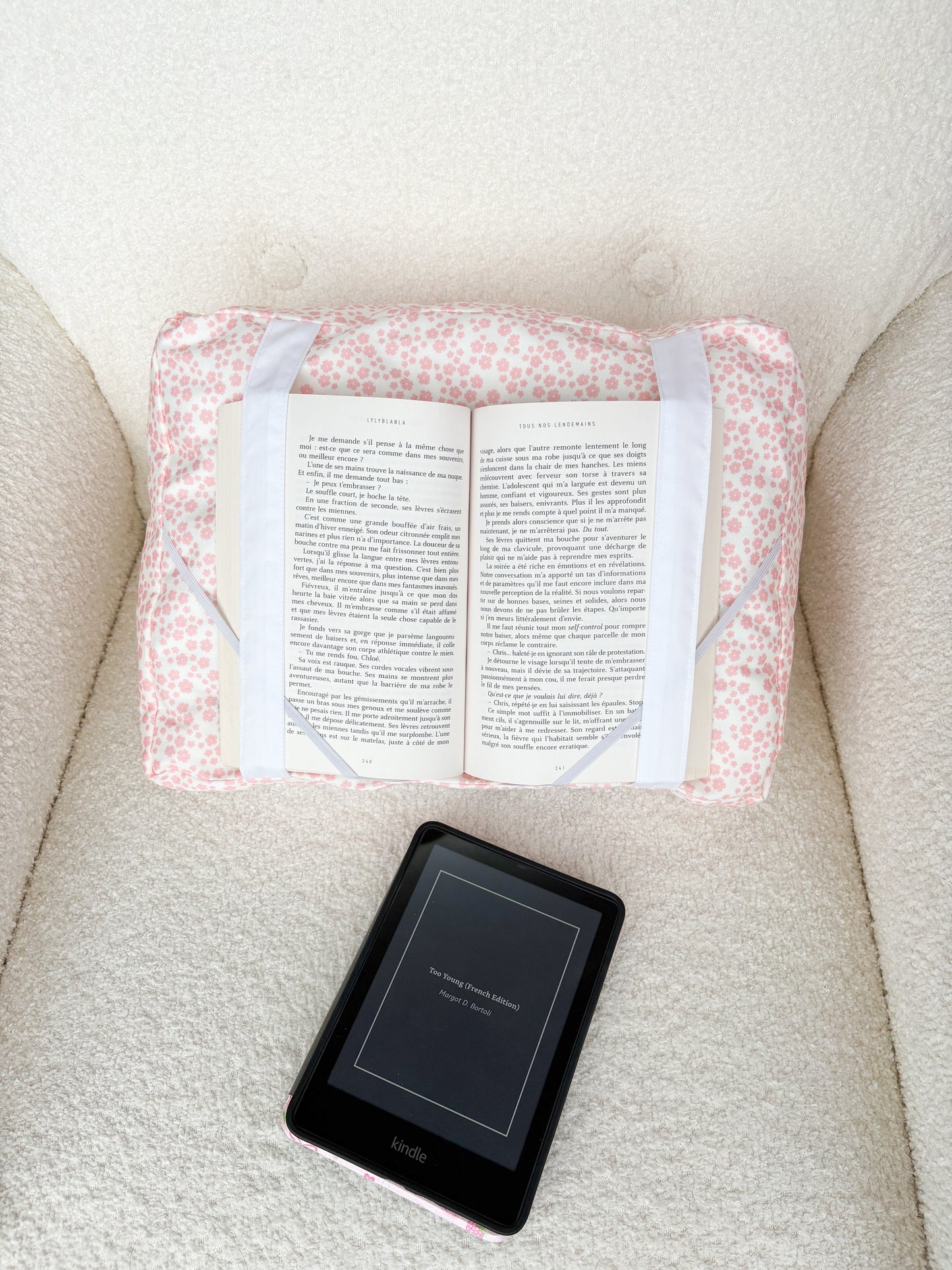 Coussin de lecture | Beige et fleurs roses
