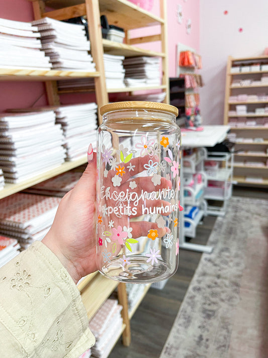 Verre 16 oz | Floral | Enseignante de petits humains