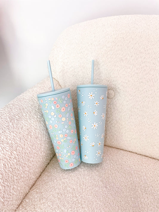 Bouteille en acrylique 24 oz | Bleue | Marguerites ou fleurs pastel