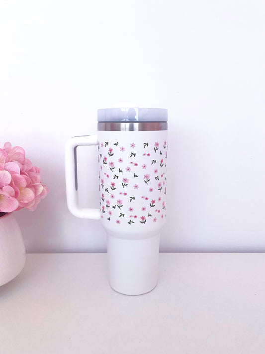Bouteille à poignée 40 oz | Blanche | Fleurs mélange de roses