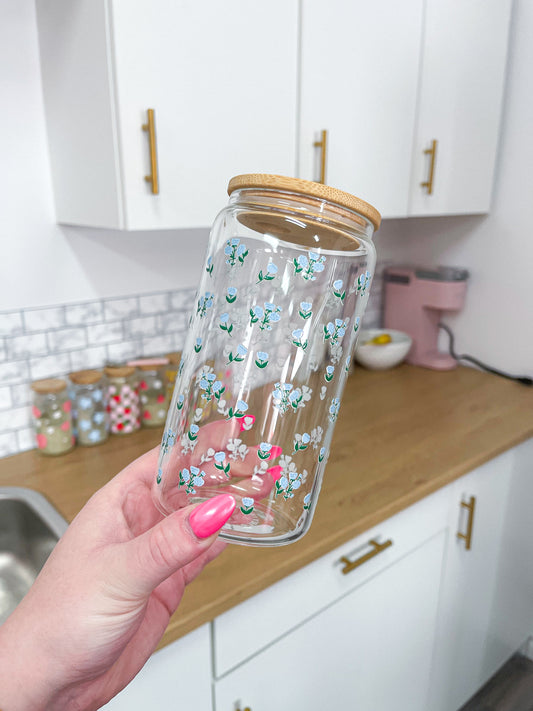 Verre 16 oz | Fleurs bleues