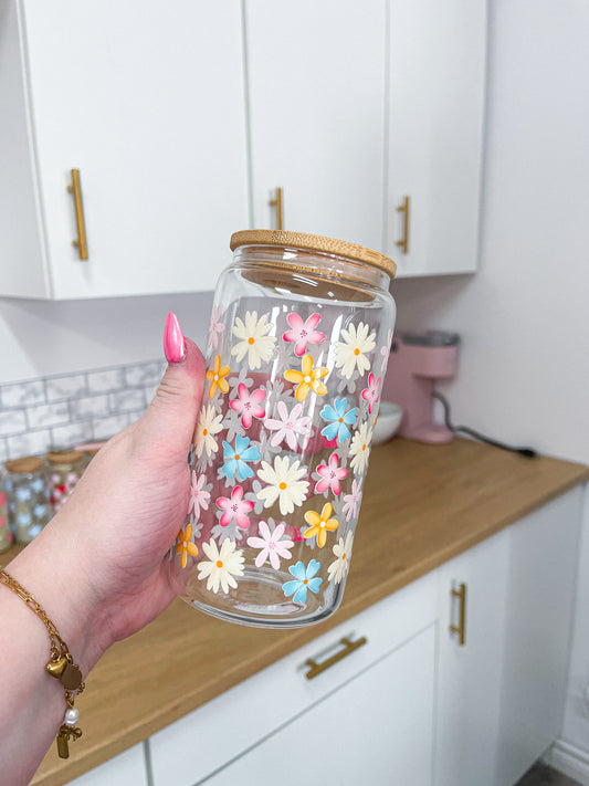 Verre 16 oz | Fleurs jaunes, roses et bleues