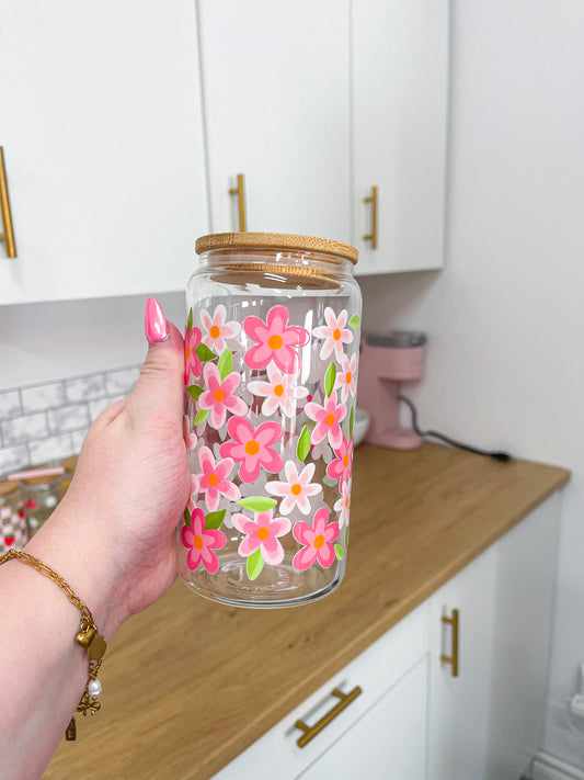 Verre 16 oz | Fleurs fuchsia et feuilles