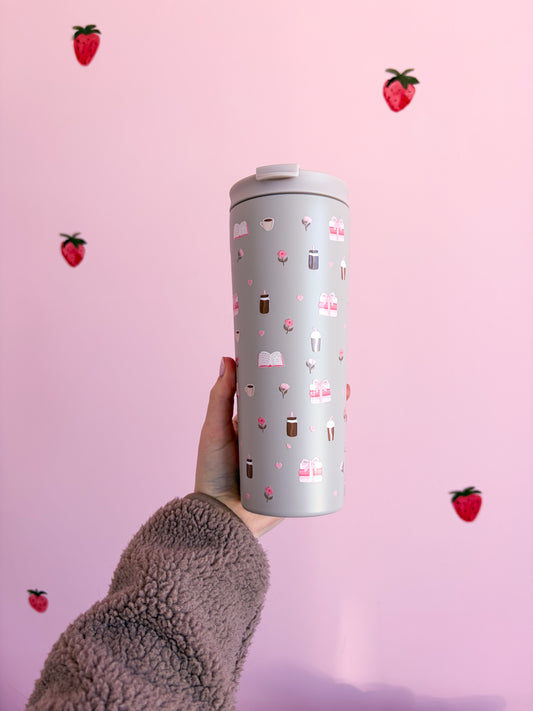 Bouteille isotherme 24 oz | Beige | Livres, cafés et roses