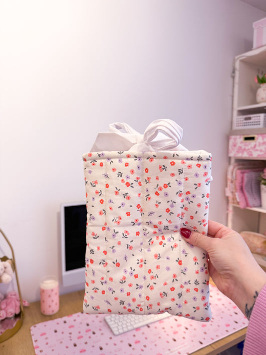 Pochette à livre ou liseuse | Minis fleurs rouges et mauves