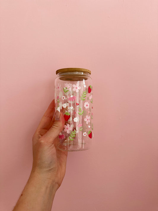 Verre 16 oz | Fraises et fleurs