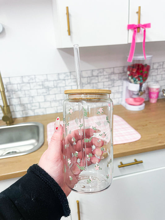 Dernière chance | Verre 16 oz | Minis fleurs roses et feuilles