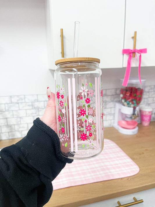 Verre 16 oz | Lignes roses et fleurs
