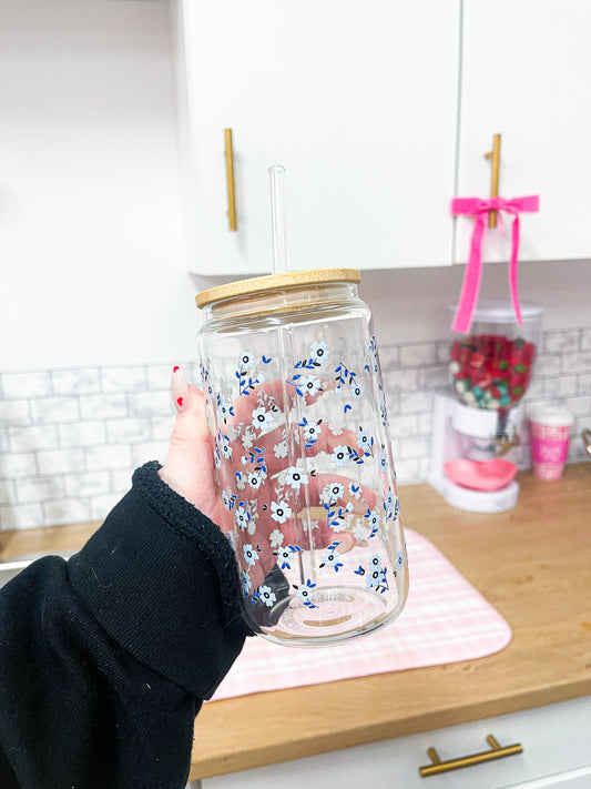 Verre 16 oz | Fleurs mélange de bleus