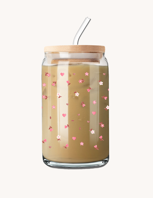 Verre 16 oz | Minis fleurs roses et brunes