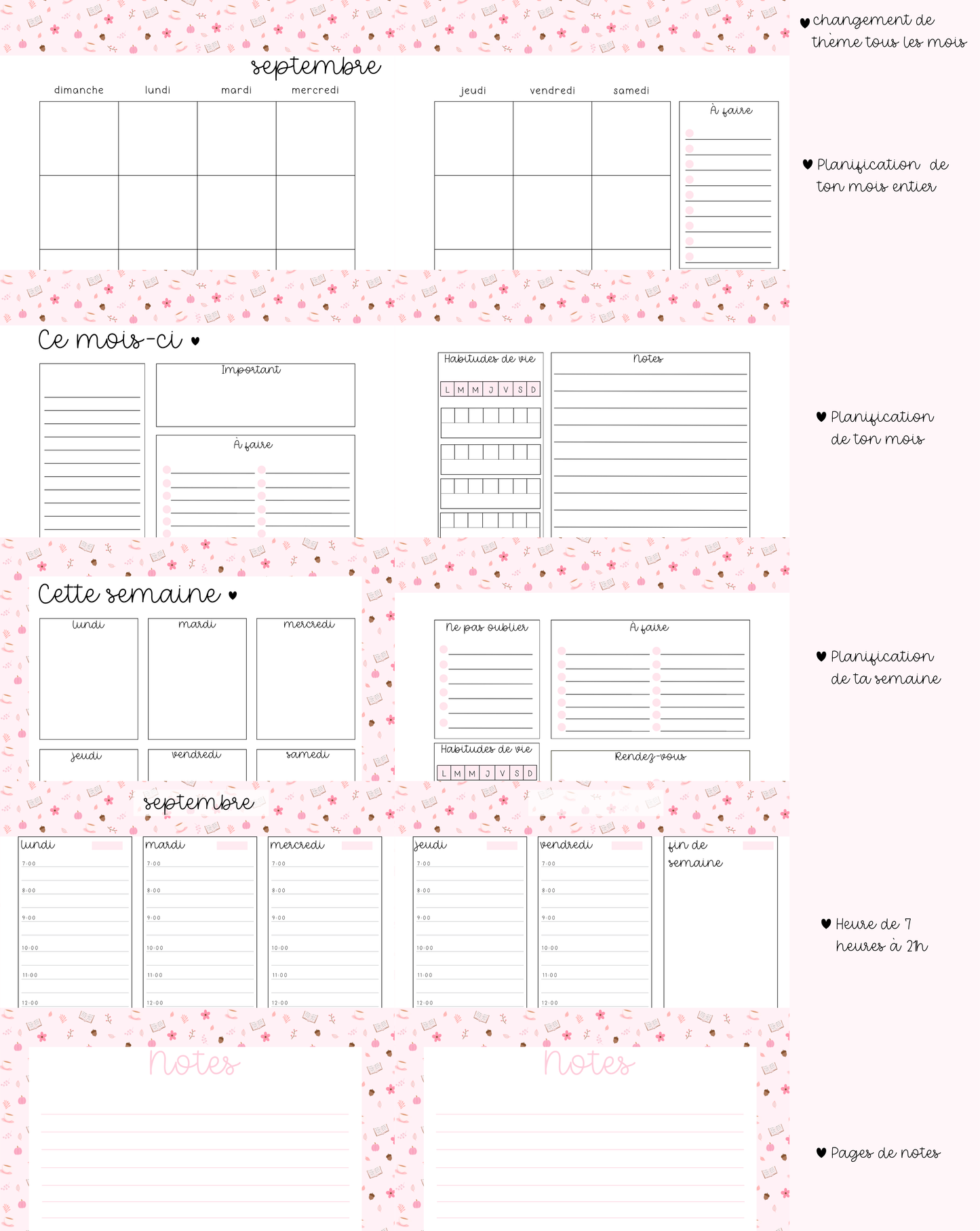 Agenda planificateur | Non-daté | Lignes roses et fleurs